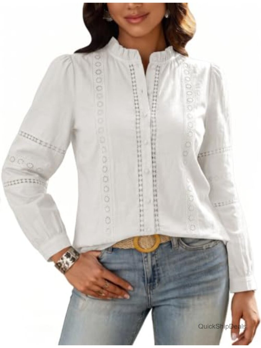 100% Cotton Button Down Shirt Lantern Sleeve Eyelet Boho Blouse